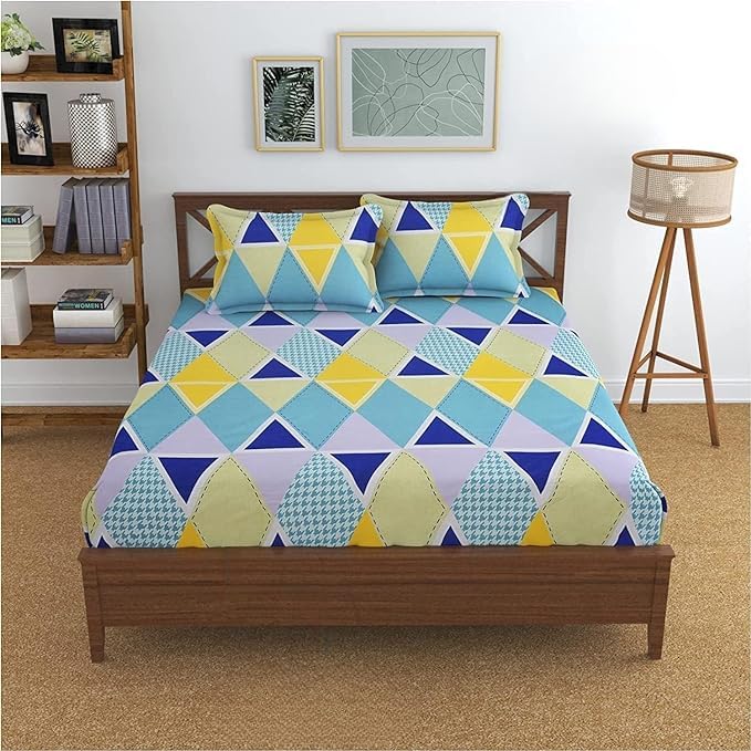 TIB Glace Cotton King Size Bedsheet with 2 Pillow Covers,Bedsheet for Double Bed,90X100 Inches| 140 GSM, Blue Circle Pack of 3,130 TC