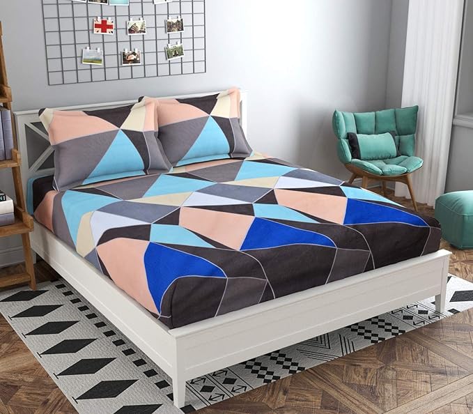 TIB Glace Cotton King Size Bedsheet with 2 Pillow Covers,Bedsheet for Double Bed,90X100 Inches| 140 GSM, Blue Circle Pack of 3,130 TC