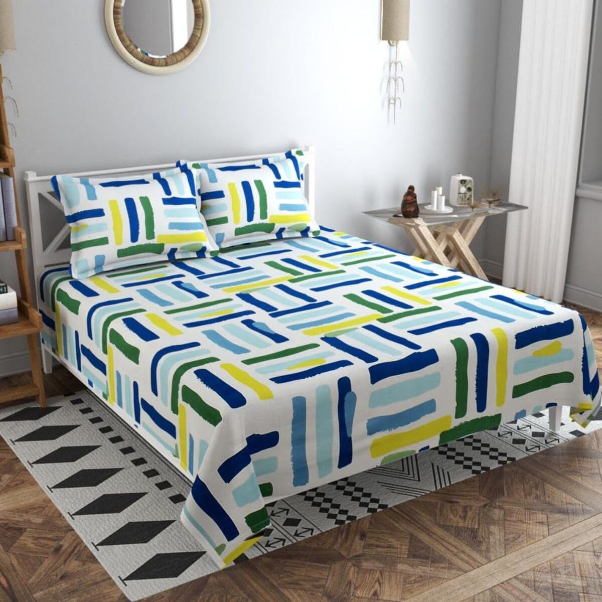 TIB Glace Cotton King Size Bedsheet with 2 Pillow Covers,Bedsheet for Double Bed,90X100 Inches| 140 GSM, Blue Circle Pack of 3,130 TC