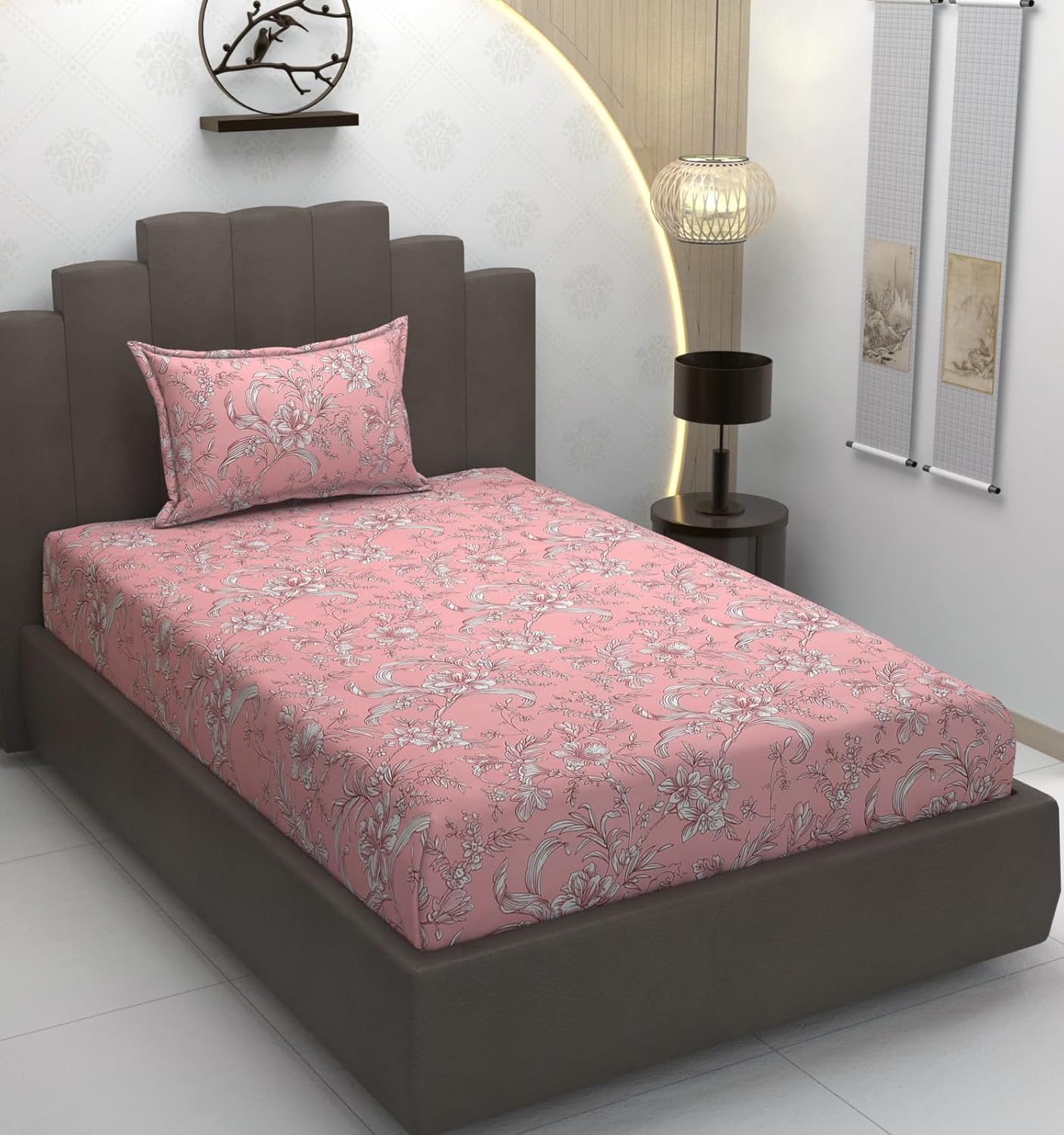 TIB Glace Cotton Elastic Fitted Bedsheets Single Bed 36x78x8 Inches with 1 Pillow Covers, 210TC (Blue Flower, Single)