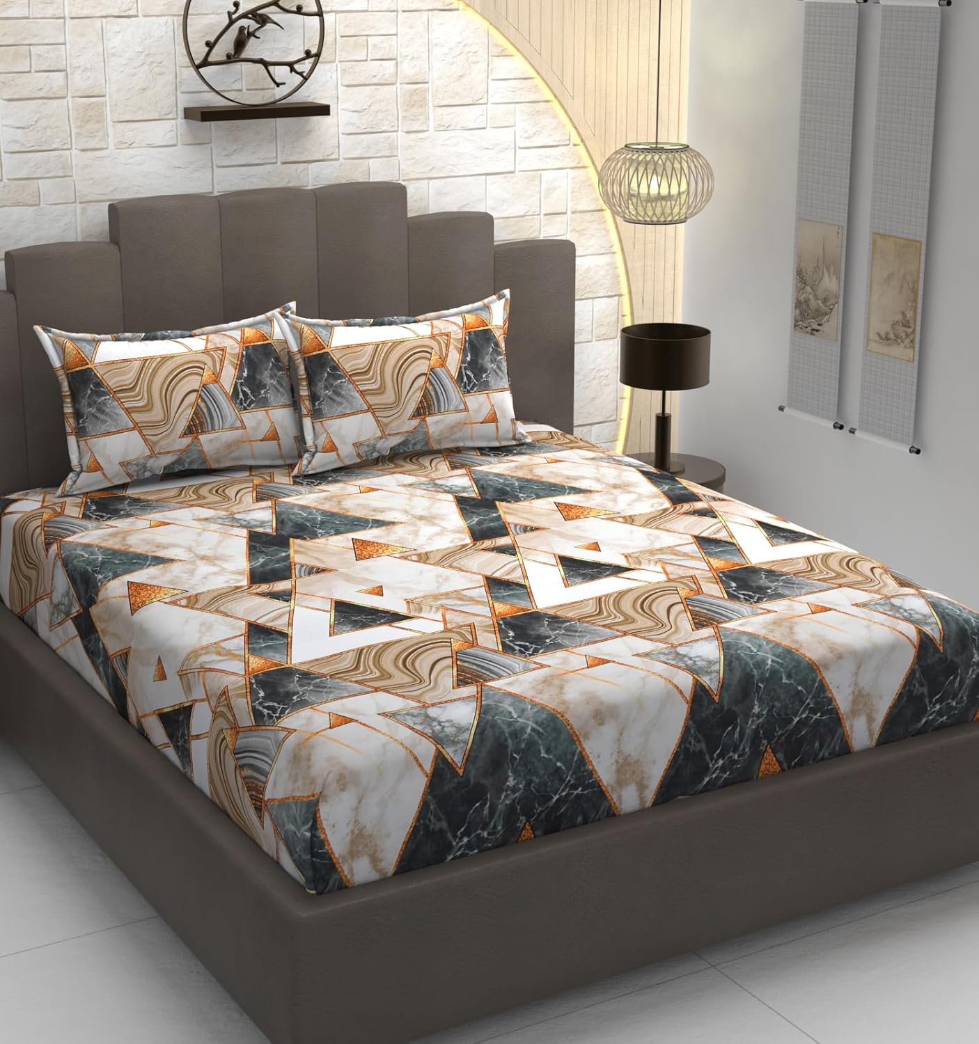TIB Glace Cotton Elastic Fitted Bedsheets Single Bed 36x78x8 Inches with 1 Pillow Covers, 210TC (Blue Flower, Single)