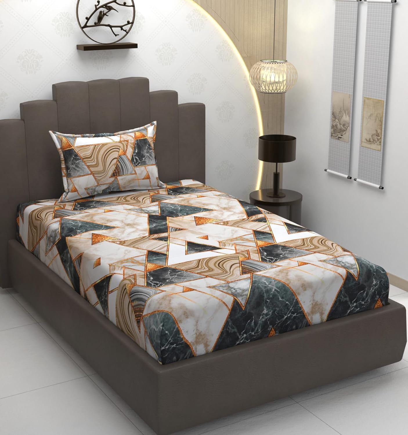 TIB Glace Cotton Elastic Fitted Bedsheets Single Bed 36x78x8 Inches with 1 Pillow Covers, 210TC (Gray & Black, Single)