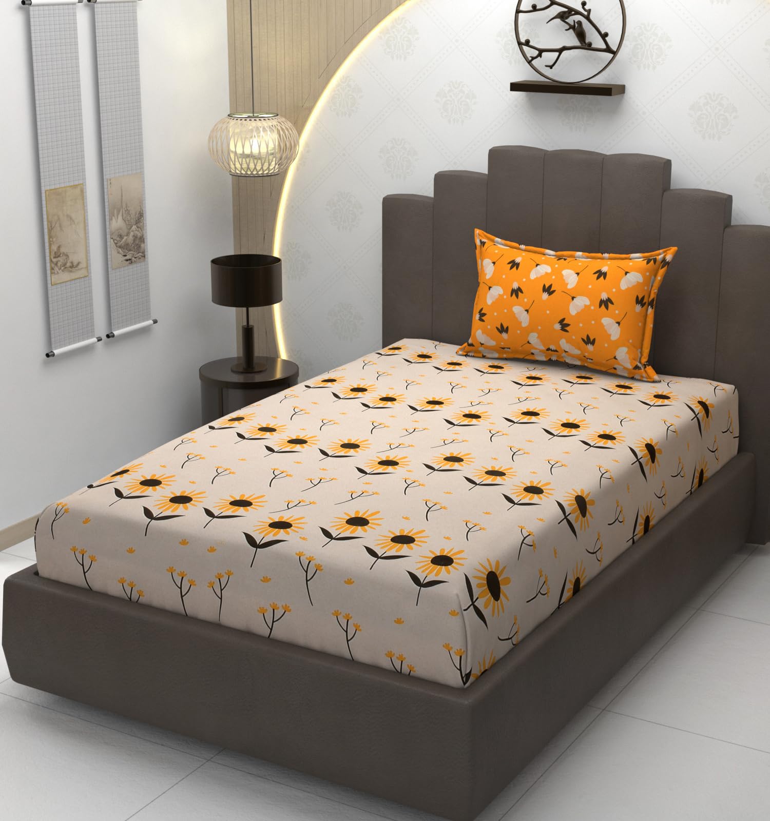 TIB Presents Luxurious Glace Cotton Super Soft 210 TC Elastic Fitted Bedsheets King Size (78X72X10 Inch) 360° with 2 Pillow Covers, 45x70 cm (Blue, Coordinate King Fitted)