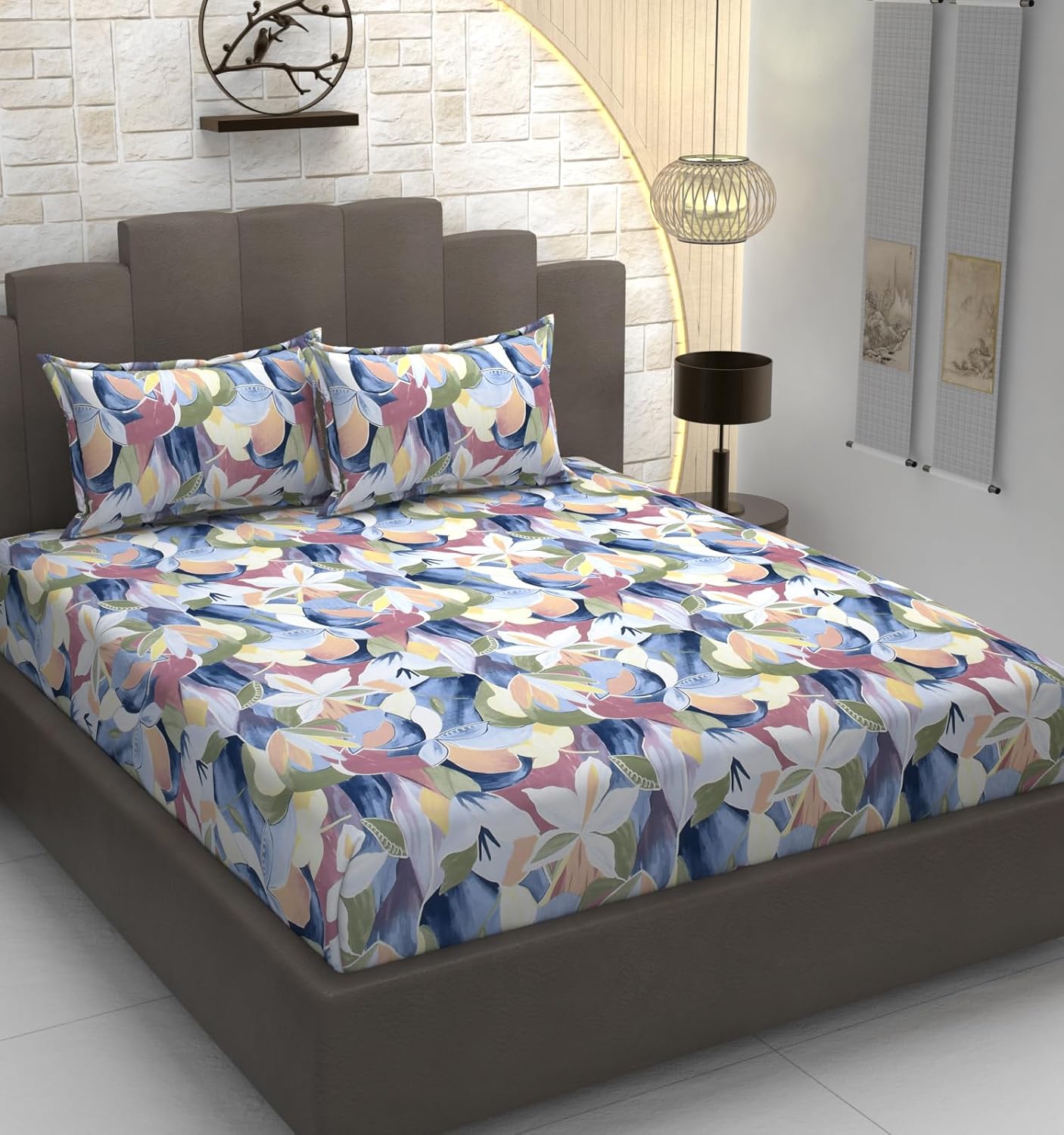 TIB Glace Cotton Elastic Fitted Bedsheets Single Bed 36x78x8 Inches with 1 Pillow Covers, 210TC (Gray & Black, Single)