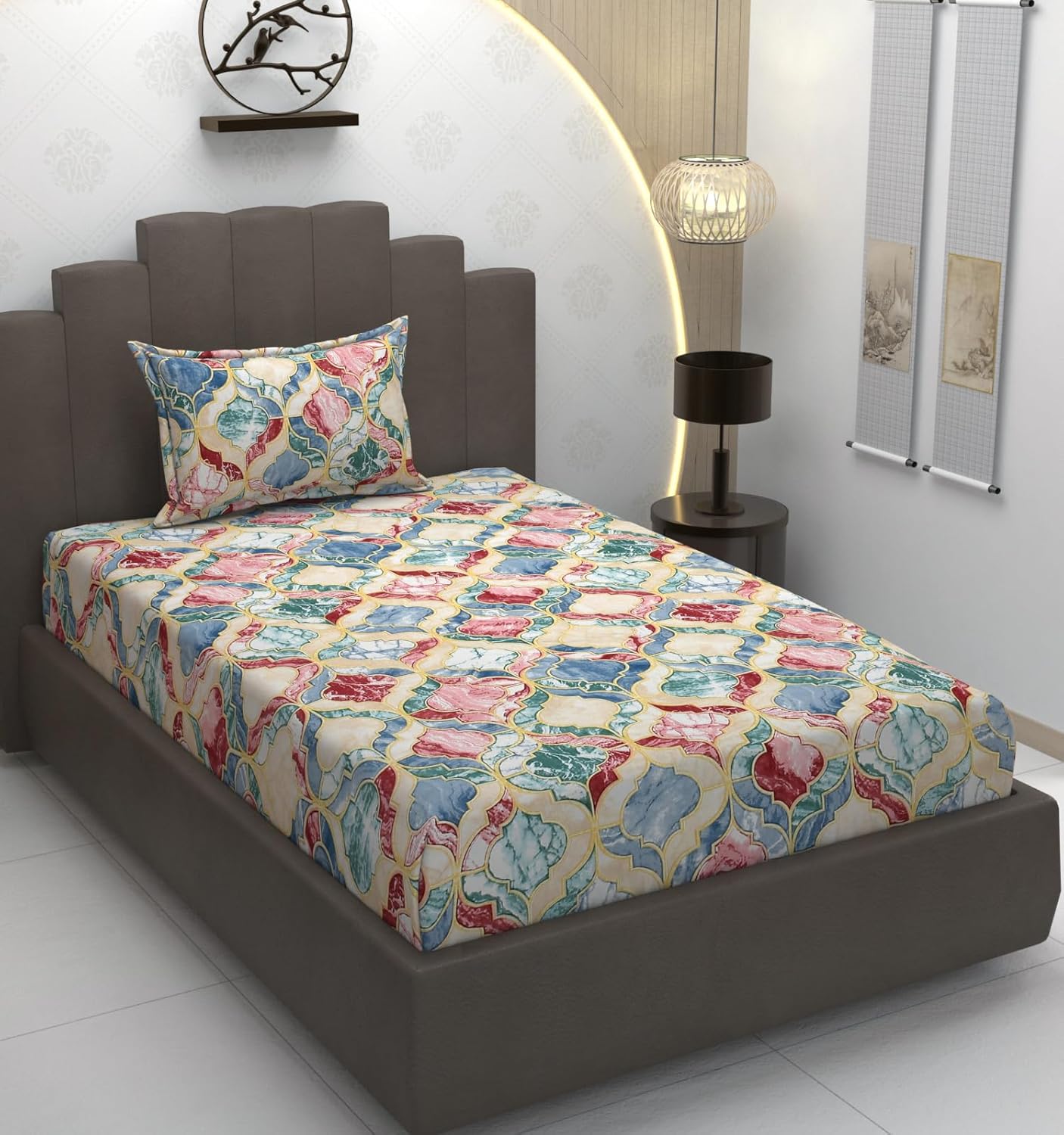 TIB Glace Cotton Elastic Fitted Bedsheets Single Bed 36x78x8 Inches with 1 Pillow Covers, 210TC (Blue Flower, Single)