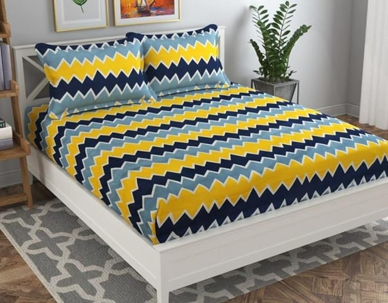 TIB Glace Cotton King Size Bedsheet with 2 Pillow Covers,Bedsheet for Double Bed,90X100 Inches| 140 GSM, Blue Circle Pack of 3,130 TC