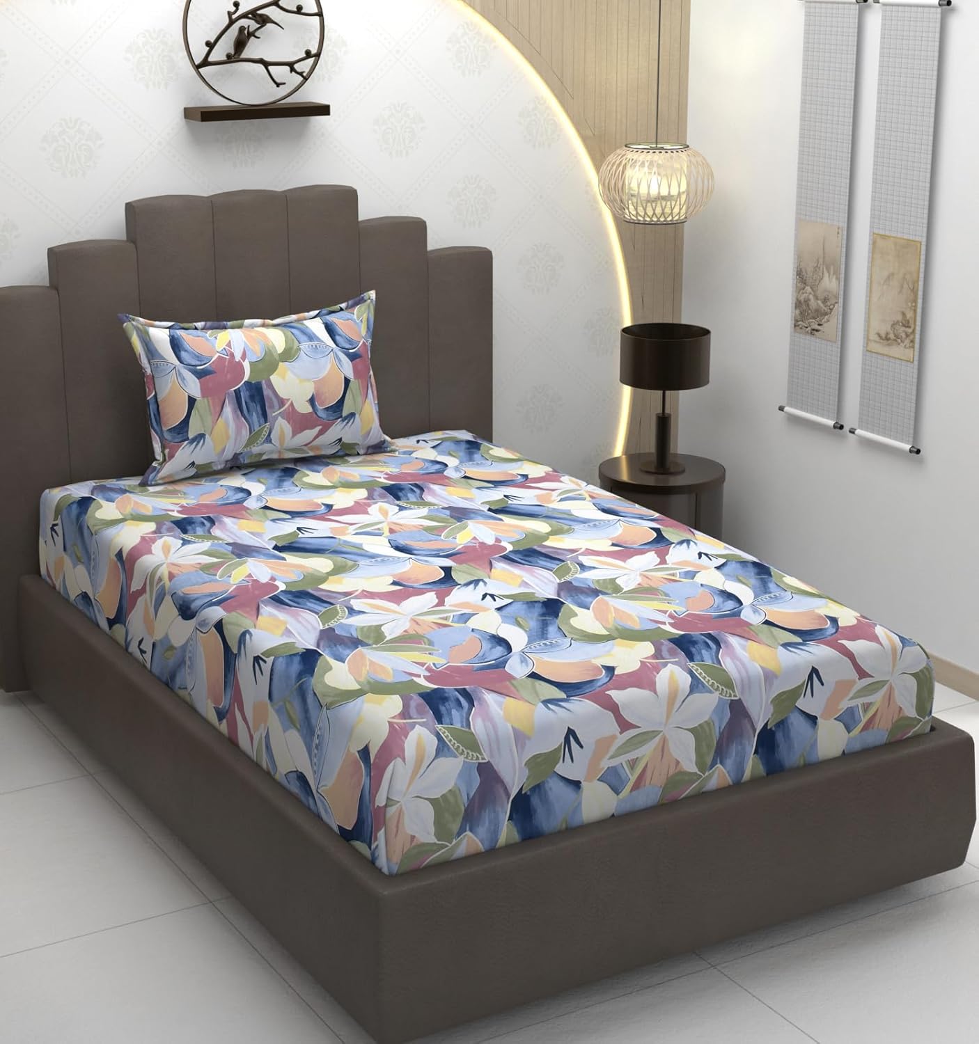 TIB Glace Cotton Elastic Fitted Bedsheets Single Bed 36x78x8 Inches with 1 Pillow Covers, 210TC (Blue Flower, Single)