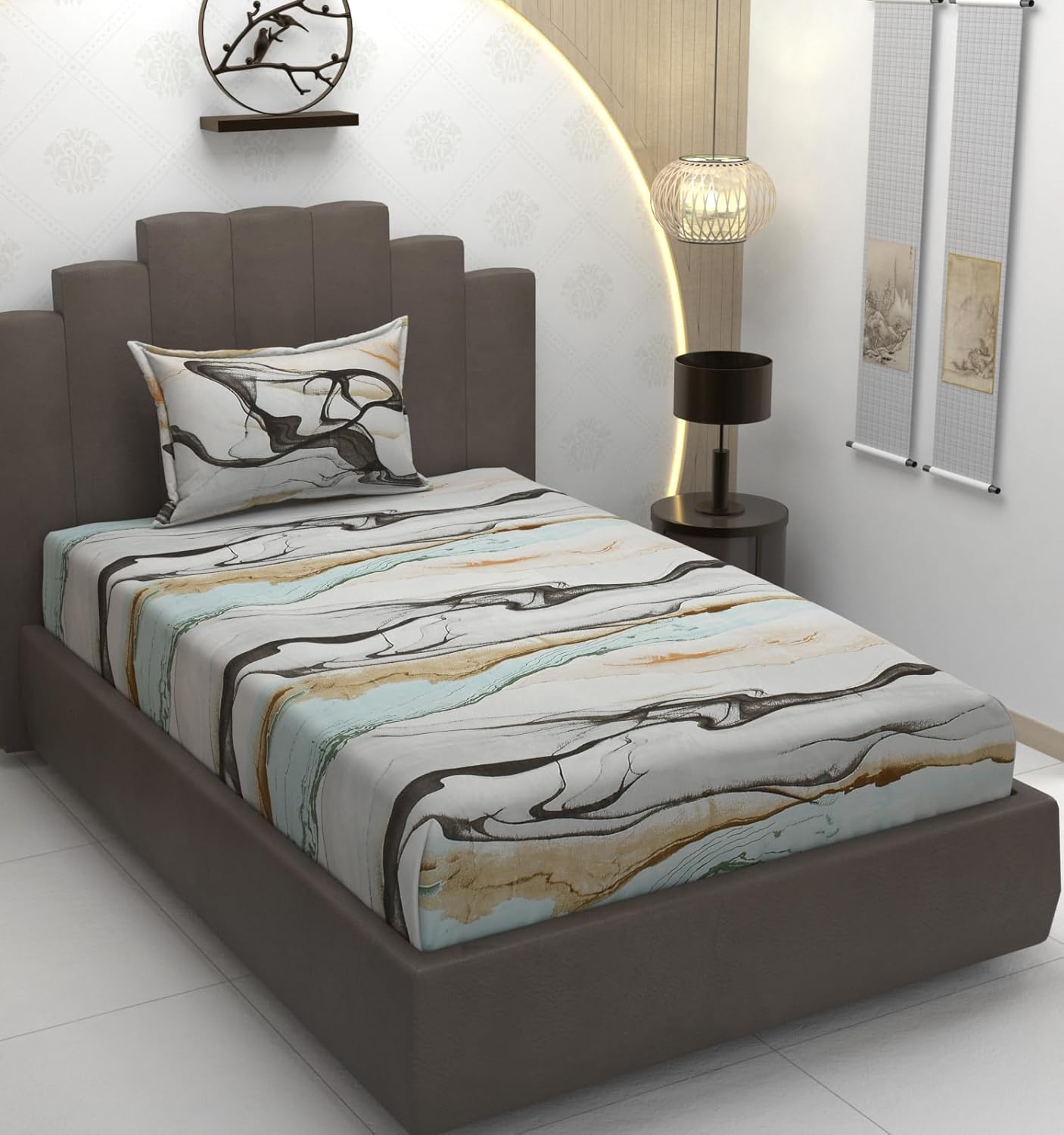 TIB Glace Cotton Elastic Fitted Bedsheets Single Bed 36x78x8 Inches with 1 Pillow Covers, 210TC (Gray & Black, Single)