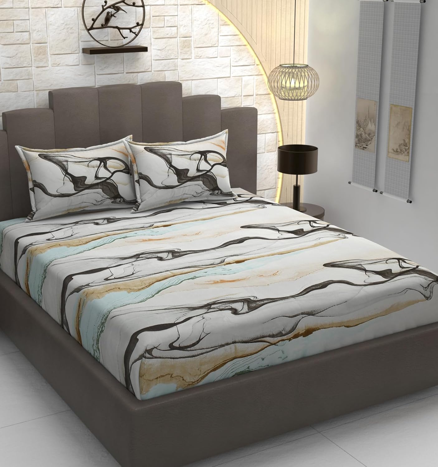 TIB Glace Cotton Elastic Fitted Bedsheets Single Bed 36x78x8 Inches with 1 Pillow Covers, 210TC (Blue Flower, Single)