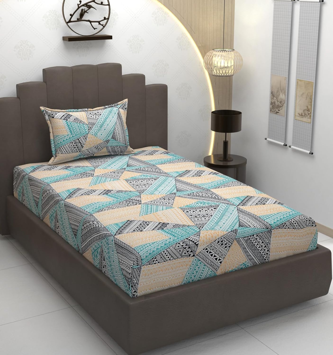 TIB Glace Cotton Elastic Fitted Bedsheets Single Bed 36x78x8 Inches with 1 Pillow Covers, 210TC (Gray & Black, Single)