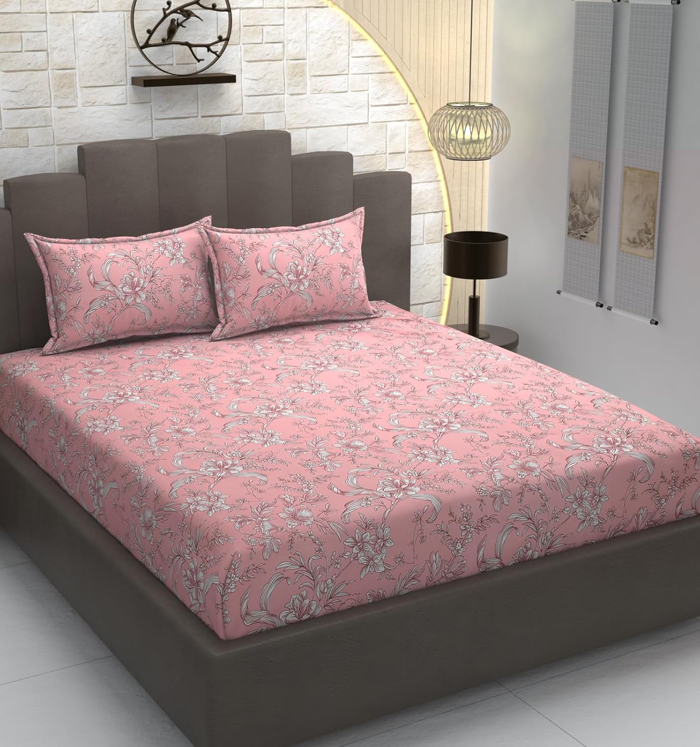 TIB Glace Cotton Elastic Fitted Bedsheets Single Bed 36x78x8 Inches with 1 Pillow Covers, 210TC (Blue Flower, Single)