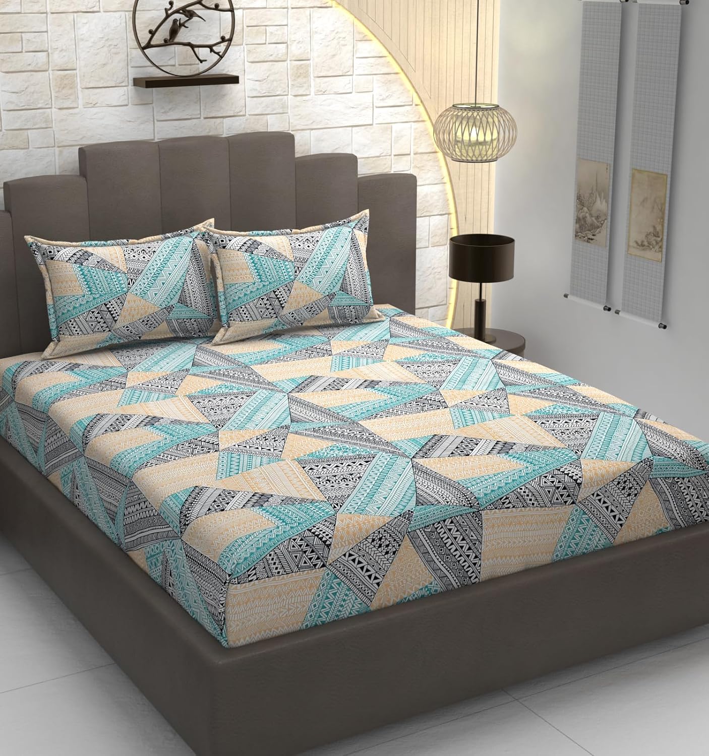 TIB Glace Cotton Elastic Fitted Bedsheets Single Bed 36x78x8 Inches with 1 Pillow Covers, 210TC (Blue Flower, Single)