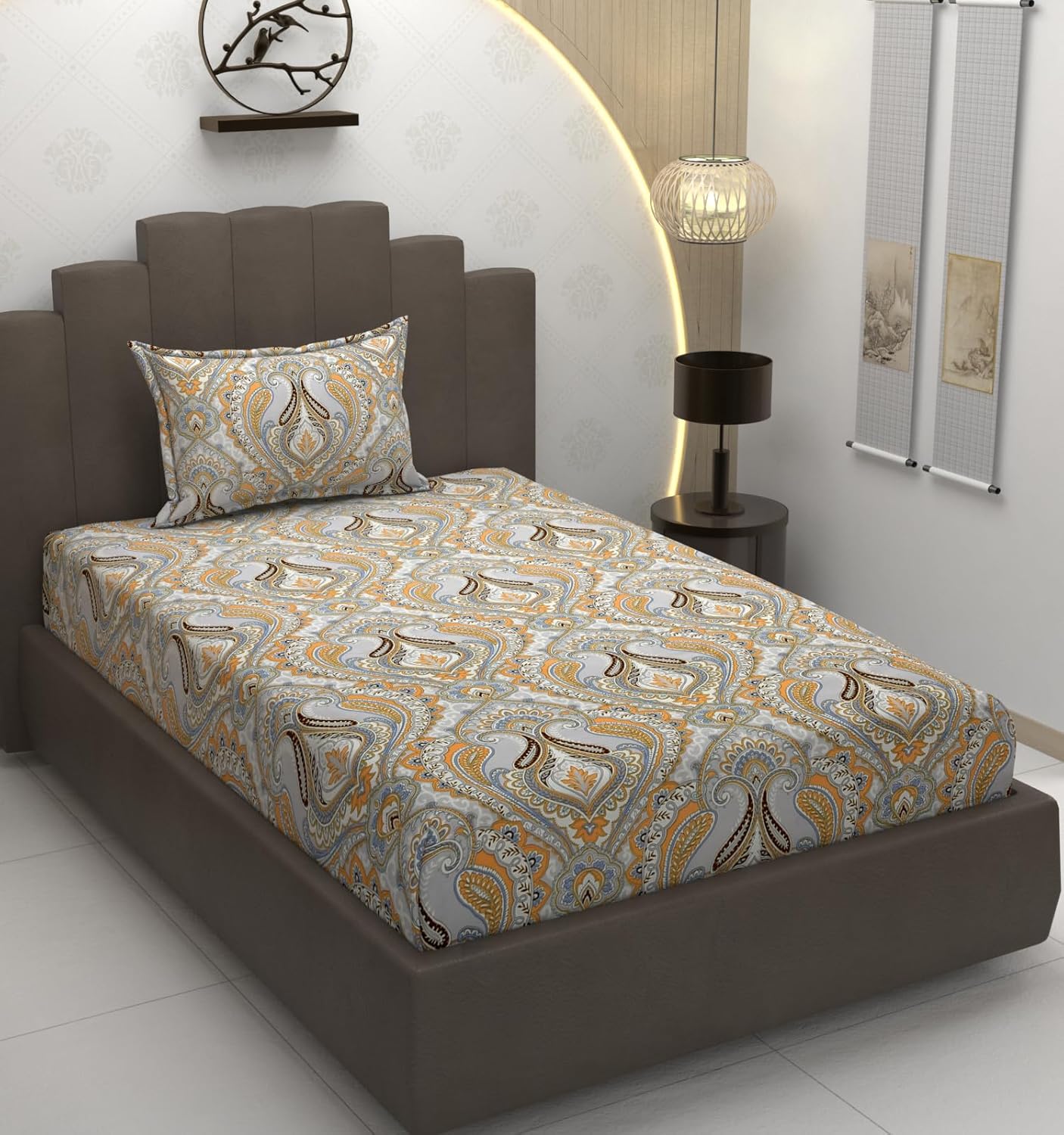 TIB Glace Cotton Elastic Fitted Bedsheets Single Bed 36x78x8 Inches with 1 Pillow Covers, 210TC (Gray & Black, Single)