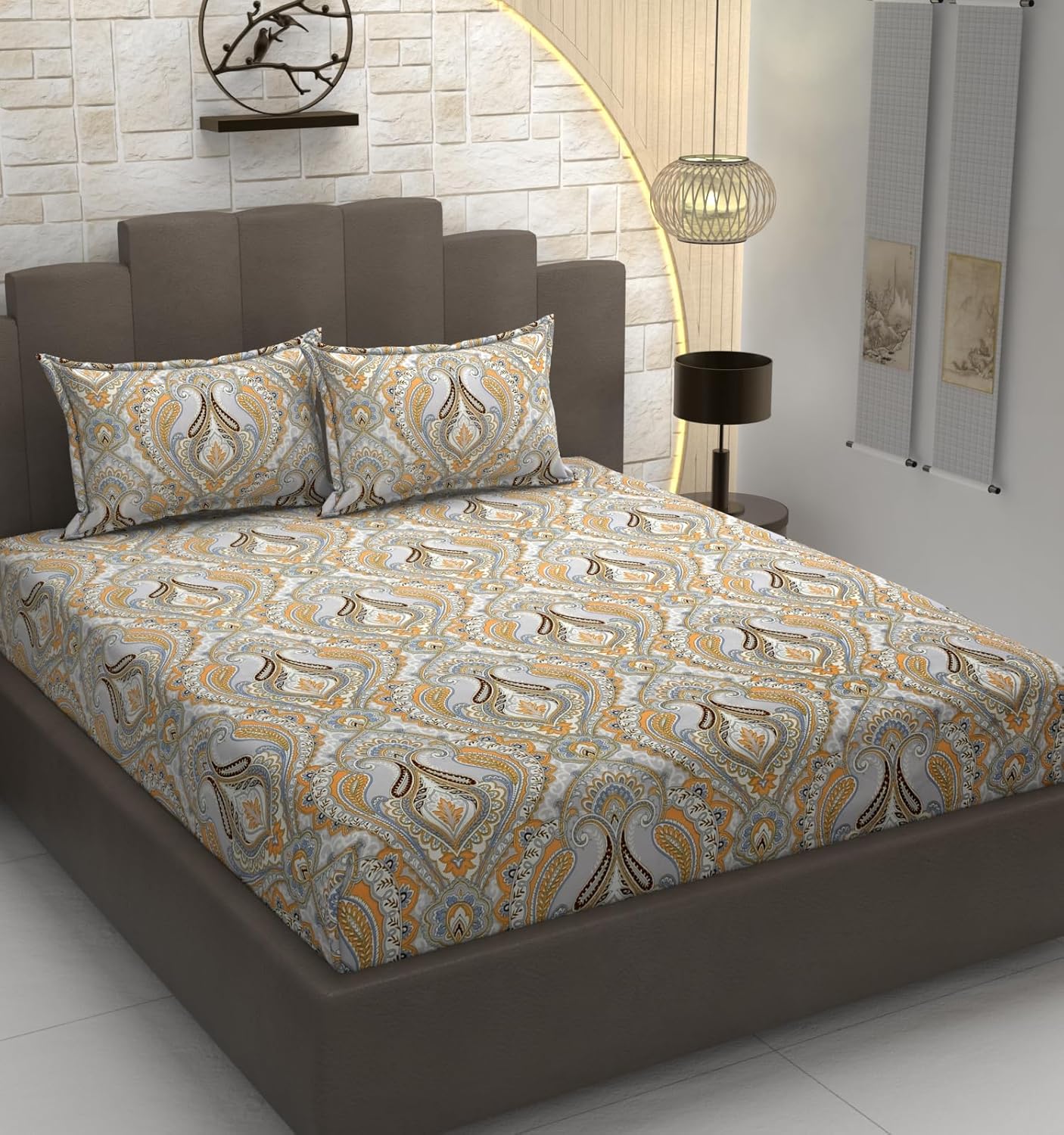 TIB Glace Cotton Elastic Fitted Bedsheets Single Bed 36x78x8 Inches with 1 Pillow Covers, 210TC (Gray & Black, Single)