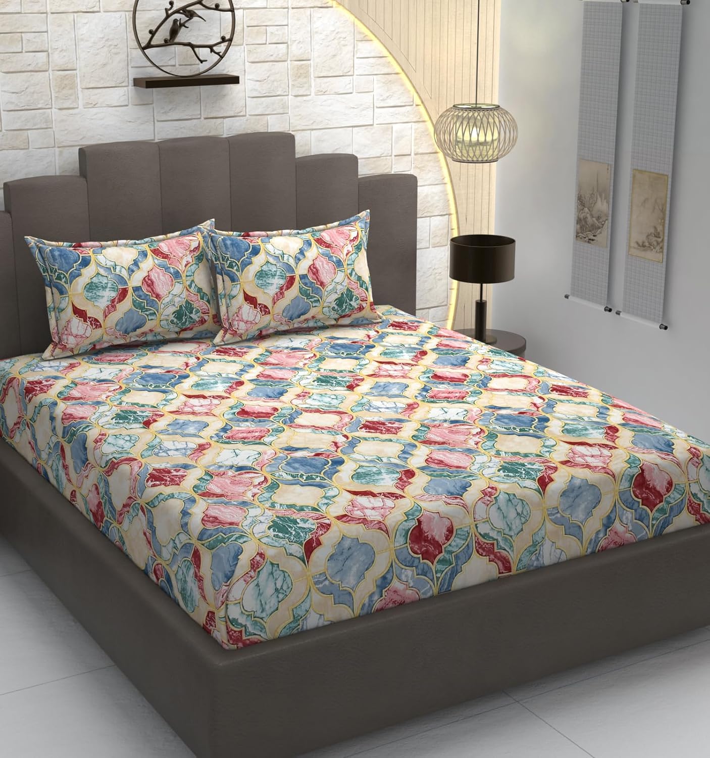 TIB Glace Cotton Elastic Fitted Bedsheets Single Bed 36x78x8 Inches with 1 Pillow Covers, 210TC (Gray & Black, Single)