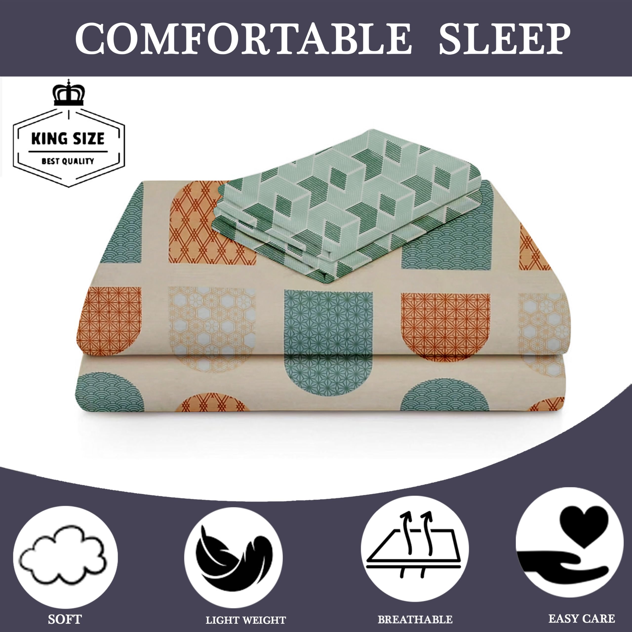 TIB Presents Luxurious Glace Cotton Super Soft 210 TC Elastic Fitted Bedsheets King Size (78X72X10 Inch) 360° with 2 Pillow Covers, 45x70 cm (Blue, Coordinate King Fitted)