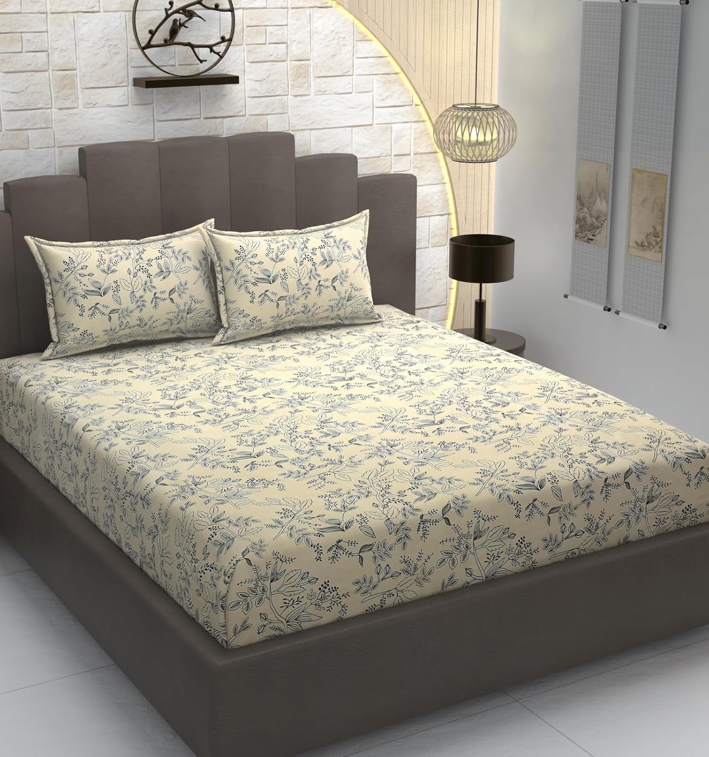 TIB Glace Cotton Elastic Fitted Bedsheets Single Bed 36x78x8 Inches with 1 Pillow Covers, 210TC (Blue Flower, Single)