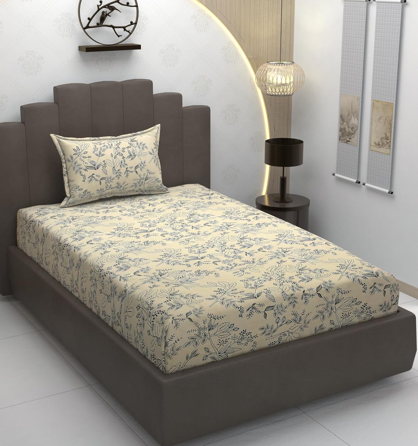 TIB Glace Cotton Elastic Fitted Bedsheets Single Bed 36x78x8 Inches with 1 Pillow Covers, 210TC (Gray & Black, Single)