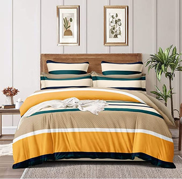TIB The Intellect Bazaar Glace Cotton AC Comforter Set King Size Double Bed with 1 Elastic Fitted King Size bedsheet and  Pillow Covers  (Yellow Green Lines)