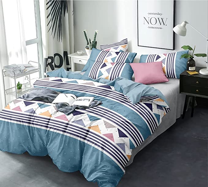 TIB The Intellect Bazaar Glace Cotton AC Comforter Set King Size Double Bed with 1 Flat bedsheet-90x100 inch and Two Pillow Covers (Pack of 4) Zigzag Blue