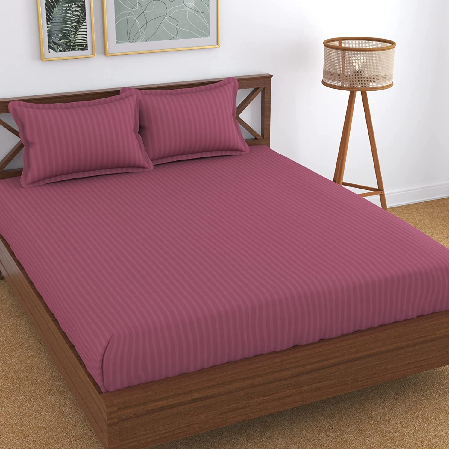 TIB The Intellect Bazaar Glace Cotton Elastic Fitted Bedsheet Satin Striped Plain King Size Bedsheet with Two Pillow Covers (Frocia Pink)