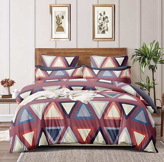 TIB Glace Cotton AC Comforter Set King Size Double Bed with  Elastic Fitted King Size bedsheet(72x78) and Two Pillow Covers (Pack of 4) Red-Triangle