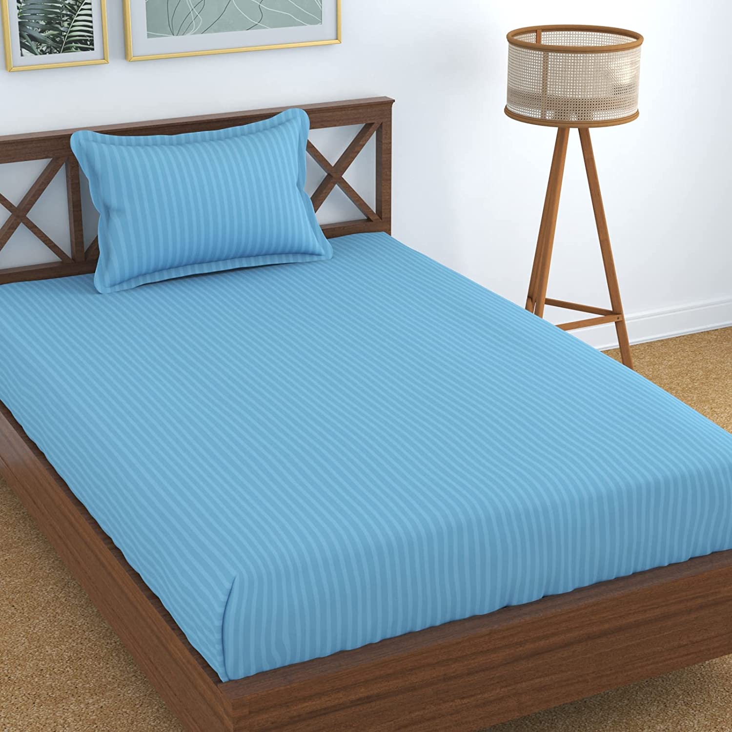 TIB The Intellect Bazaar Glace Cotton Elastic Fitted Satin Striped Plain Bedsheet for Single Bed King Size with 1 Pillow Cover-36x78-(Blue)