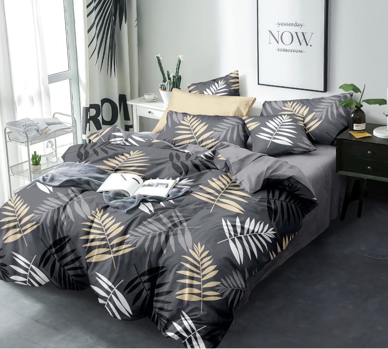 TIB Glace Cotton AC Comforter Set King Size Double Bed with 1 Flat bedsheet-90x100 inch and Two Pillow Covers (Pack of 4) Leaf Grey