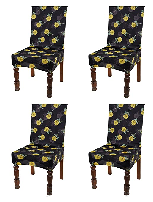 TIB The Intellect Bazaar Polyester Flowered Elastic Stretch Removable Washable Dining Chair Cover Set of 6 Seat Protector Slipcover (Rose) -6 Pieces