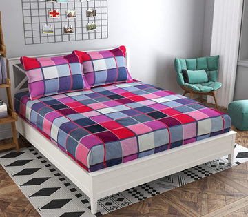 TIB  Elastic Fitted King Size Glace Cotton Bedsheets with 2 Pillow Covers | Double Bed with All Around Elastic | Size - 72x78+8 inches, Pink