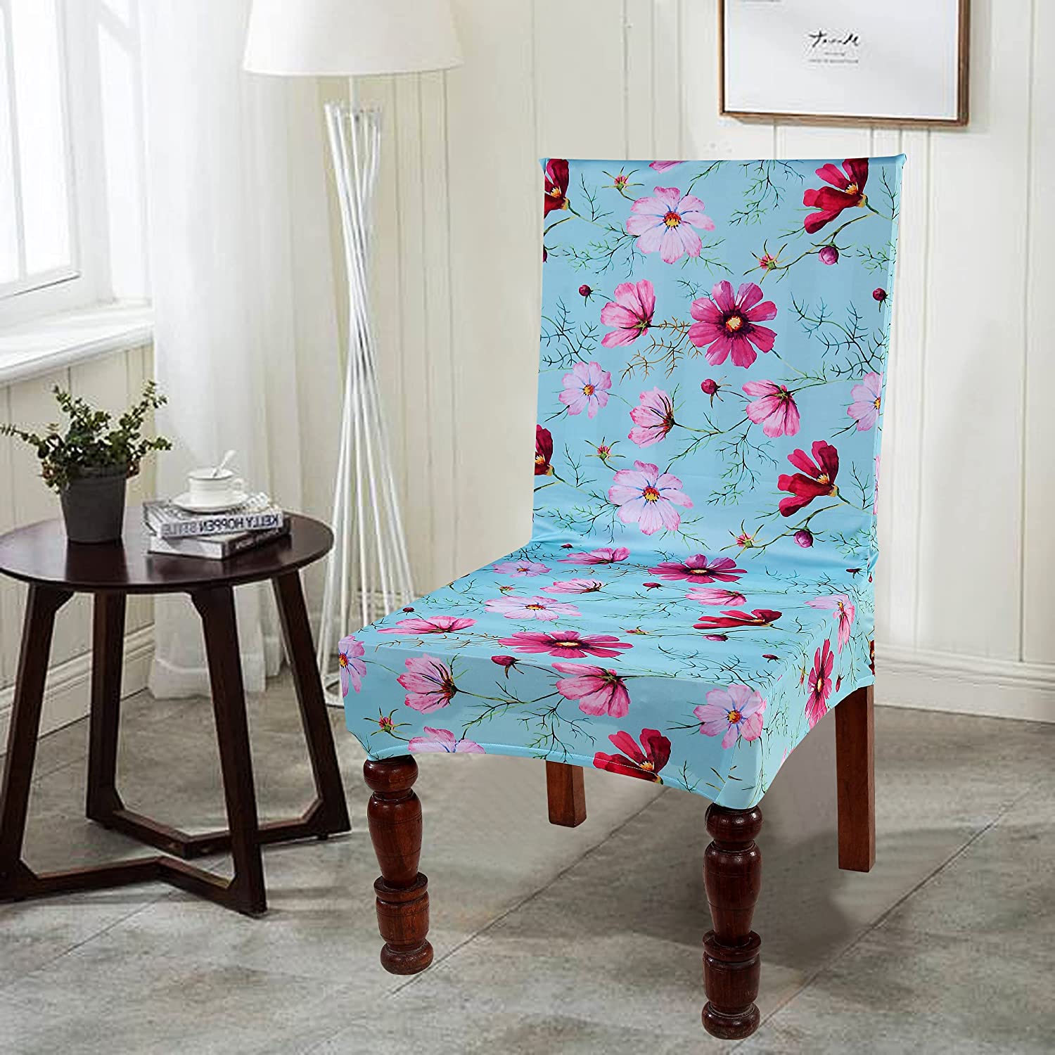 TIB The Intellect Bazaar Polyester Flowered Elastic Stretch Removable Washable Dining Chair Cover Set of 6 Seat Protector Slipcover (Flower) -6 Pieces