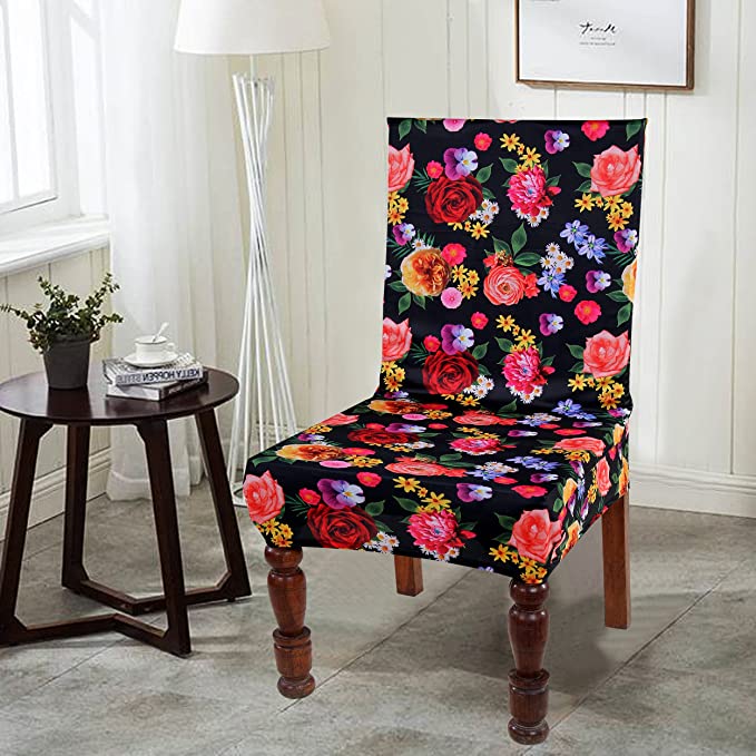 TIB The Intellect Bazaar Polyester Flowered Elastic Stretch Removable Washable Dining Chair Cover Set of 4 Seat Protector Slipcover (Multi Flower) -4 Pieces