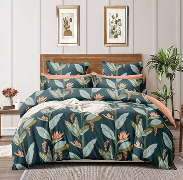 TIB Glace Cotton AC Comforter Set King Size Double Bed with 1 Flat bedsheet-90x100 inch and Two Pillow Covers (Pack of 4) Green Leaves