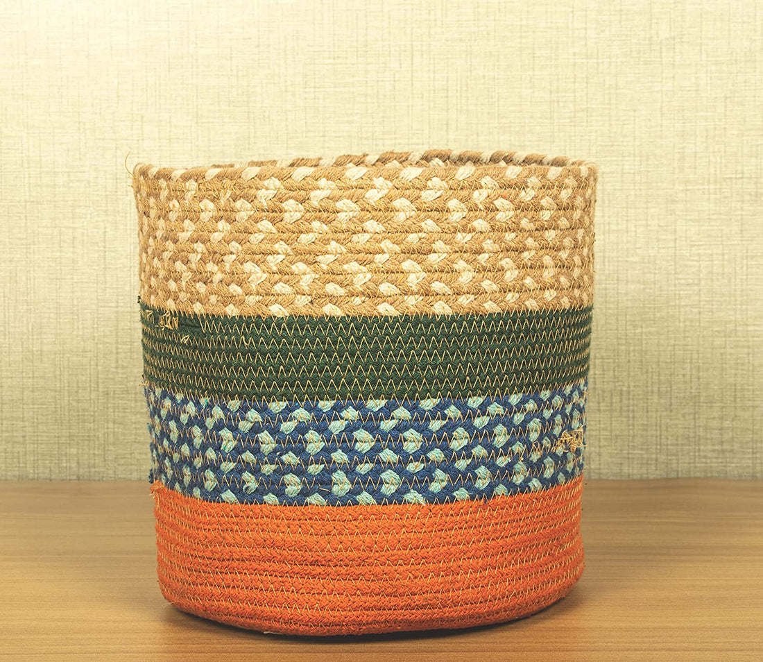 TIB The Intellect Bazaar jute Planter Pots/Handcrafted Storage Basket, Multi-Purpose use for Living Room (10 x 10 Inches)Beige Multi