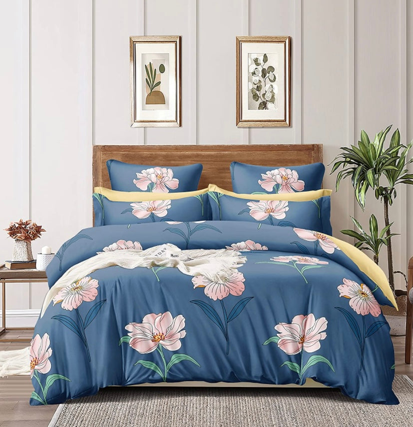 TIB The Intellect Bazaar Cotton Feel Glace Cotton Elastic Fitted Bedsheet/Super King Size Bedsheet with 2 Pillow Covers -Blue Flower