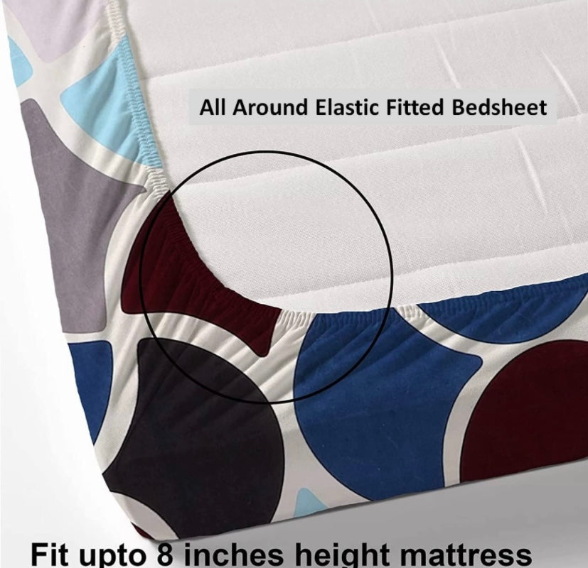 TIB The Intellect Bazaar Cotton Feel Glace Cotton Elastic Fitted Bedsheet/King Size Bedsheet with 2 Pillow Covers -Multi Circle