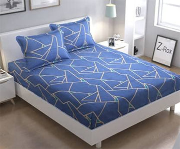 TIB The Intellect Bazaar Cotton Feel Glace Cotton Elastic Fitted King Size Double Bedsheet with 2 Pillow Covers (72” x 78” or 182x152 cm) Blue