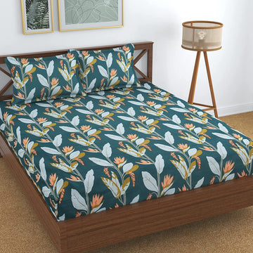 TIB The Intellect Bazaar Cotton Feel Glace Cotton Elastic Fitted King Size Double Bedsheet with 2 Pillow Covers (72” x 78” or 182x152 cm) Green