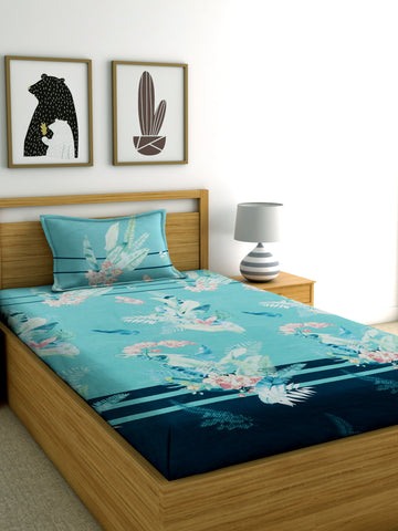 TIB The Intellect Bazaar Cotton Feel Glace Cotton Elastic Fitted Bedsheet Single  Bedsheet with 1 Pillow Covers (36x 78)-Green Patti